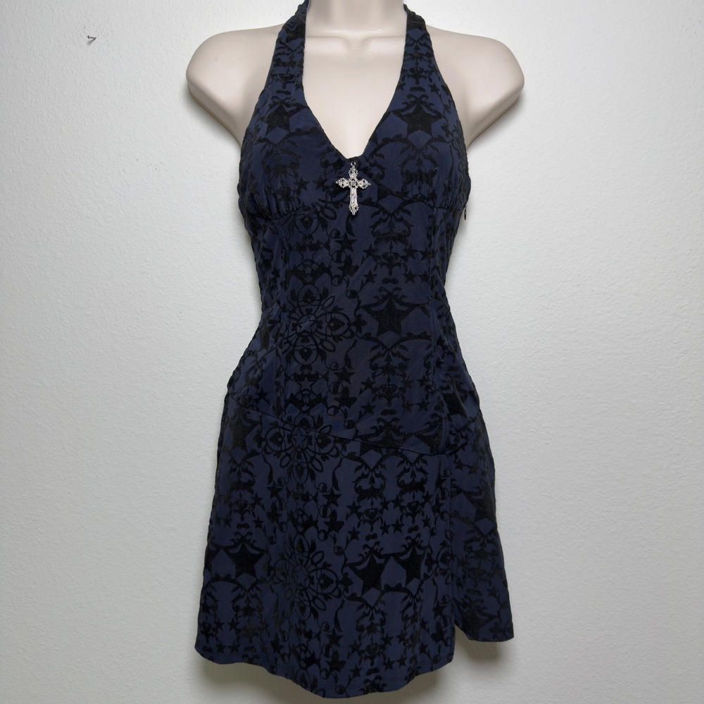 White Fox Women Thou Shalt Not Mini Dress Small Midnight Blue Velvet Grunge